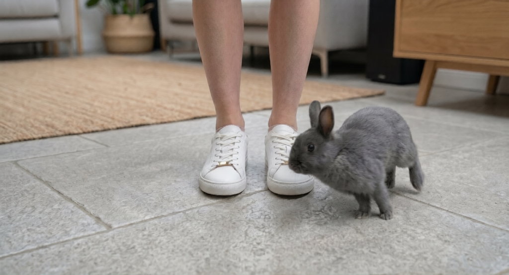 rabbit running circles around owner